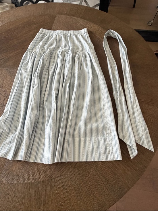 THE GREAT. Dresses & Skirts - THE GREAT. Pale Blue & White Striped A-Line Midi Skirt with Sash